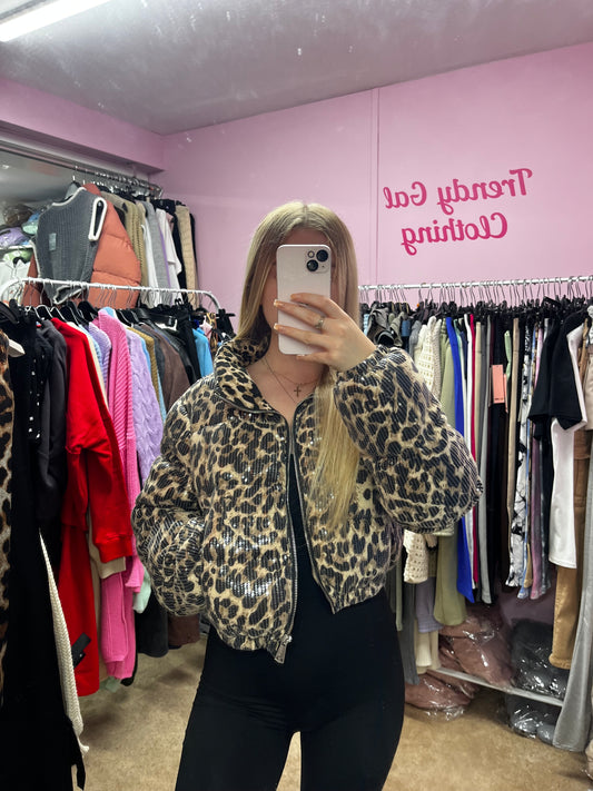 Sequin leopard print cropped coat