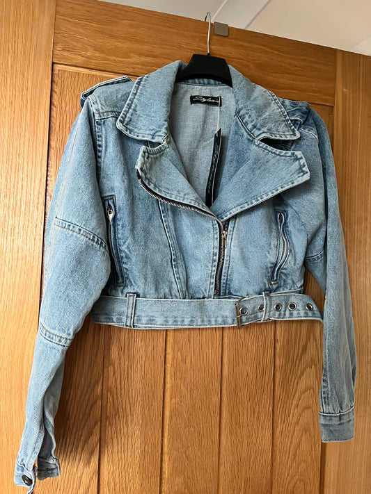 Denim zip up biker jacket with attached belt