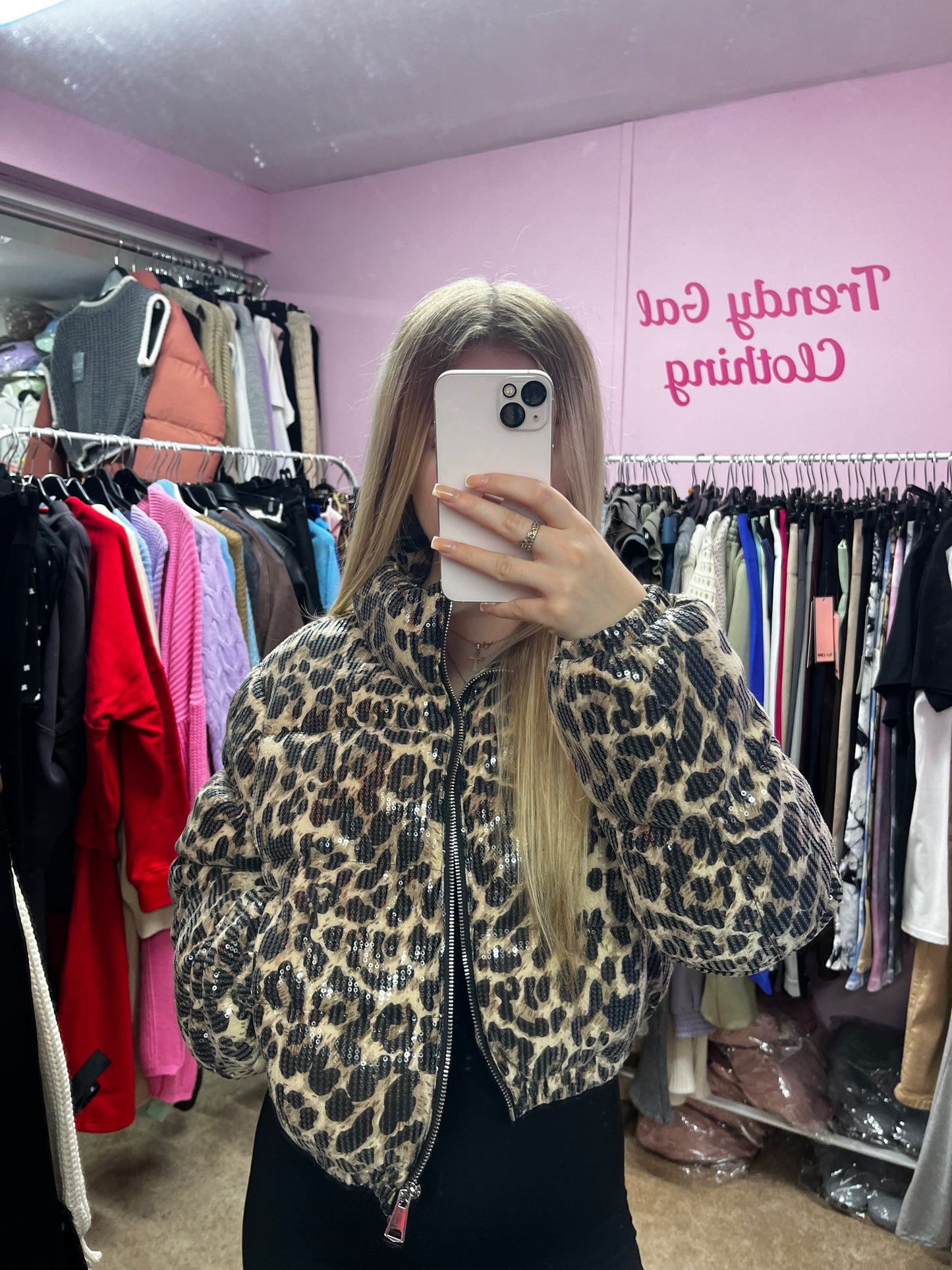 Sequin leopard print cropped coat