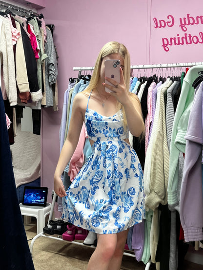 Blue and white floral criss cross straps flowy dress