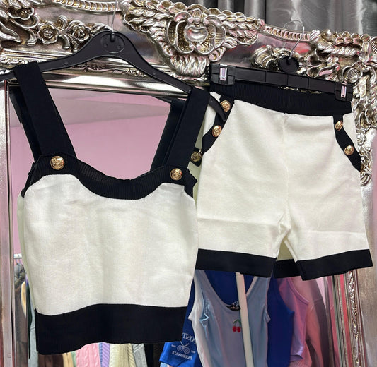 Black and white shorts set with button embellishments