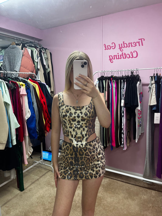 Leopard print sparkle crop top and mini skirt set