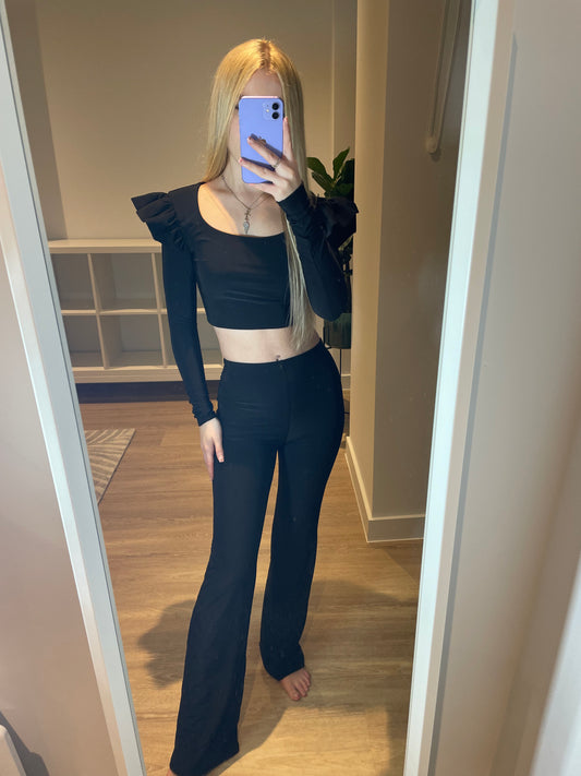 Slinky long sleeve frilled crop top and flares set